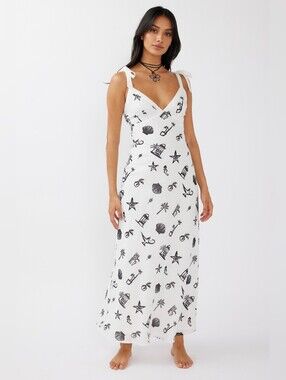 NWT INDI LUXE Jaya Tied Shoulder White Black Maxi Dress Nautical Resort Medium